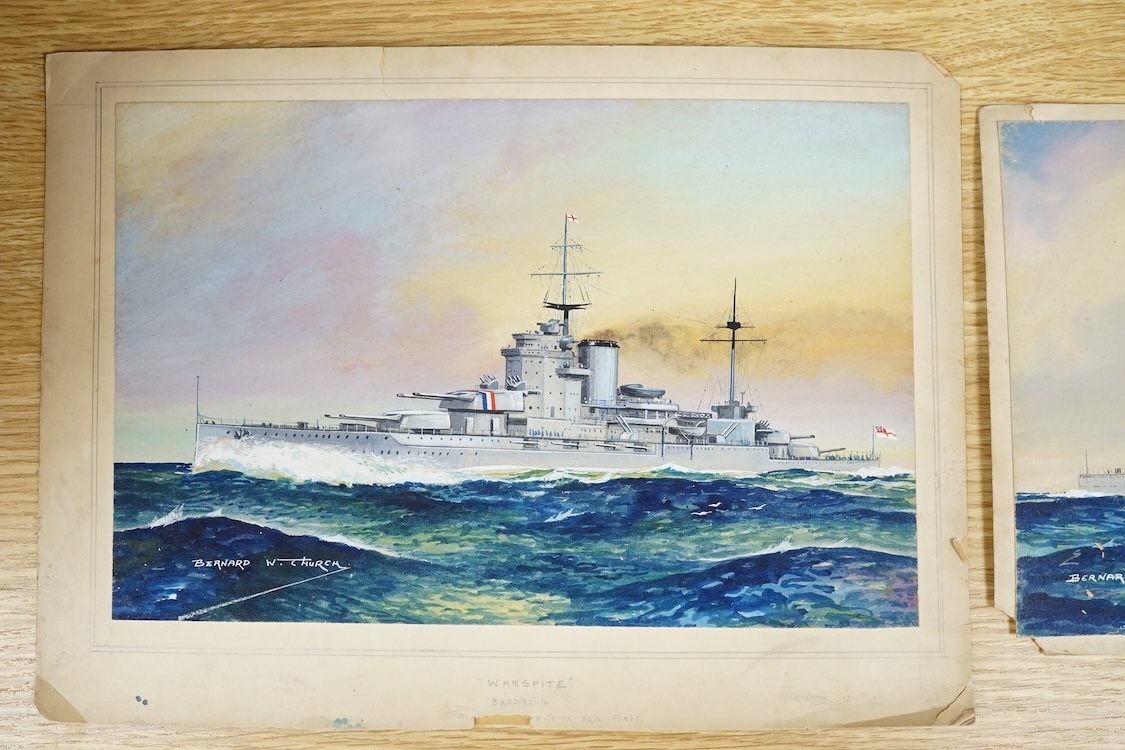 Bernard Church, two original watercolours for postcard designs, WWII Royal Navy battleships comprising: HMS King George V and HMS Warspite, each with original captions verso, signed, largest 24 x 32cm, unframed. Conditio
